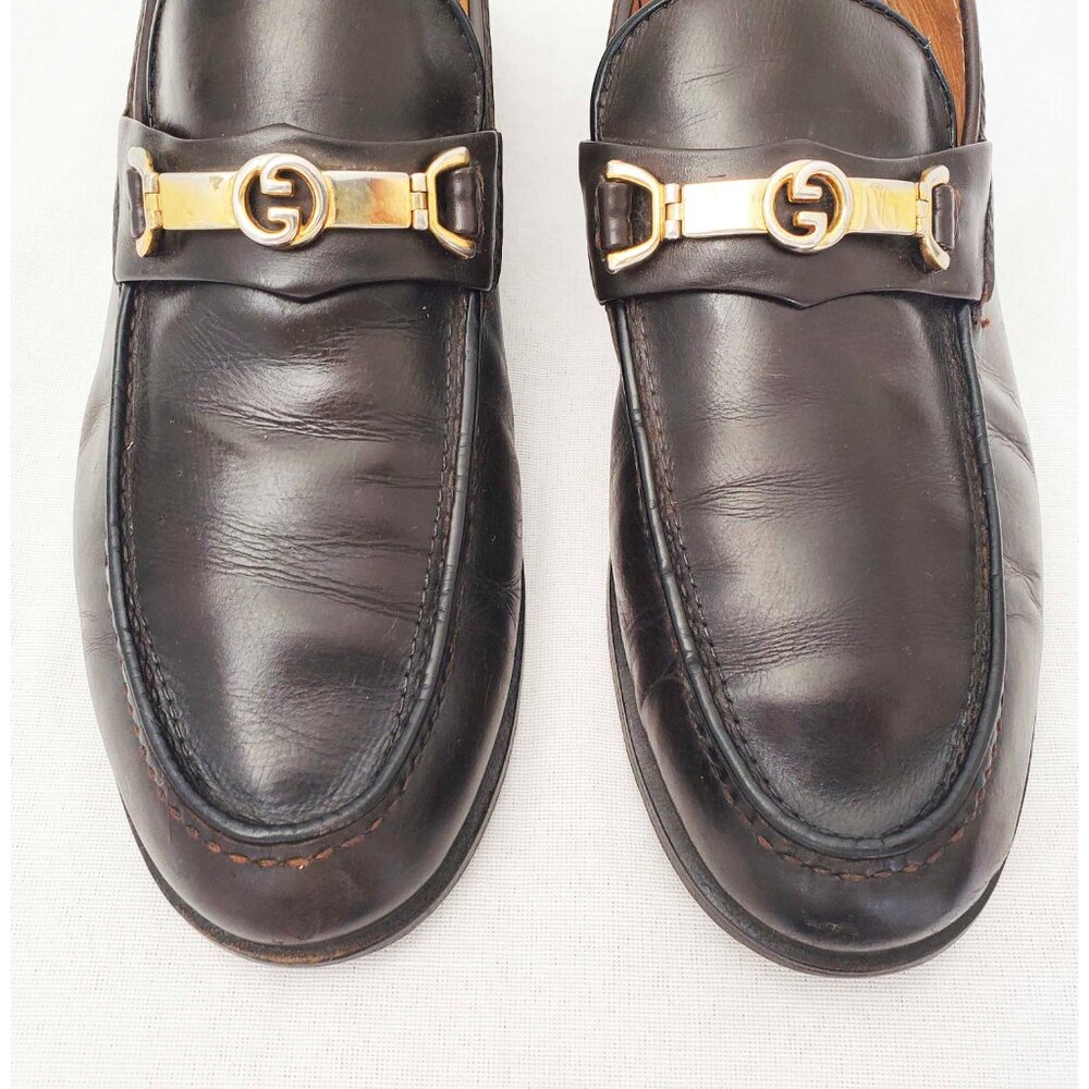 Vintage Gucci Men's Dark Brown Leather Loafers Shoes with Gold GG Buckle 42.5 - Picture 3 of 12